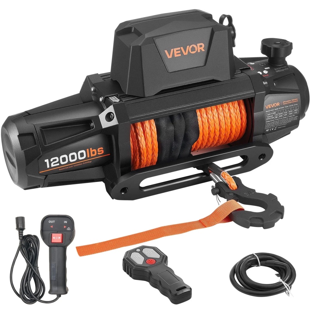VEVOR Electric Winch, 12000 lbs Load Capacity, 12V DC Truck Winch with Φ3/8 in x 92 ft Synthetic Rope, Wireless & Wired Remote Control, IP67 Waterproof for Towing Off-Road SUV Jeep Trailer Boat
