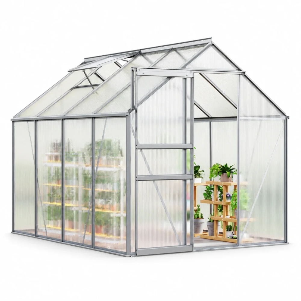 Heavy Duty Polycarbonate Greenhouse 6x8FT for Outdoors – Durable Aluminum Frame, Sliding Door, Adjustable Roof Vent, All-Weather Walk-In Design – Ideal for Backyard, Patio, Farm – 5-Original Color