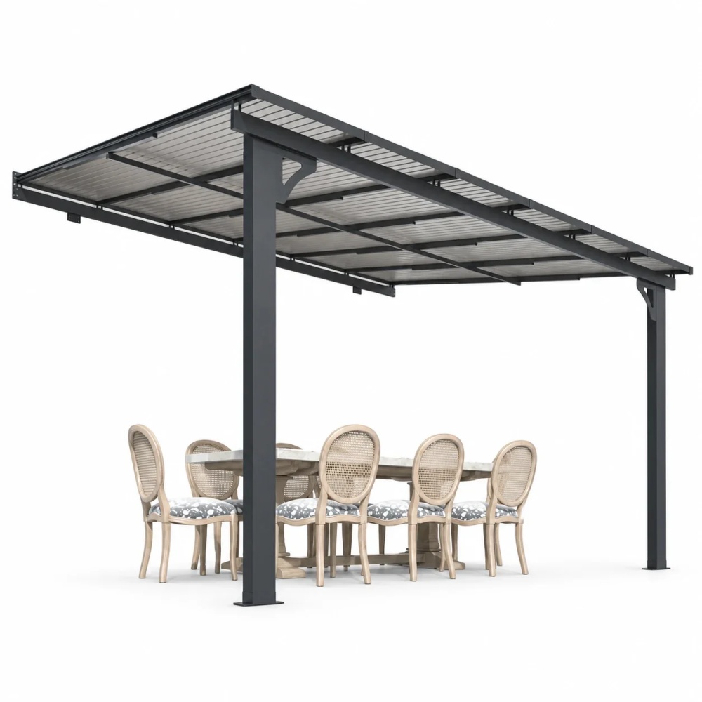 AECOJOY 10' x 12' Wall-Mounted Hardtop Gazebo Outdoor Aluminum Pergola with Adjustable Height for Garden, Patio, Backyard-Gray