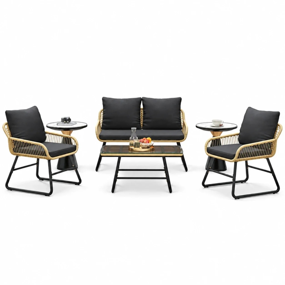 BeesClover 4 Piece Outdoor Bistro Set, Wicker Patio Furniture Set with Cushions, Tempered Glass Coffee Table, 2 Chairs and Loveseat for Garden, Backyard, Porch, Deck