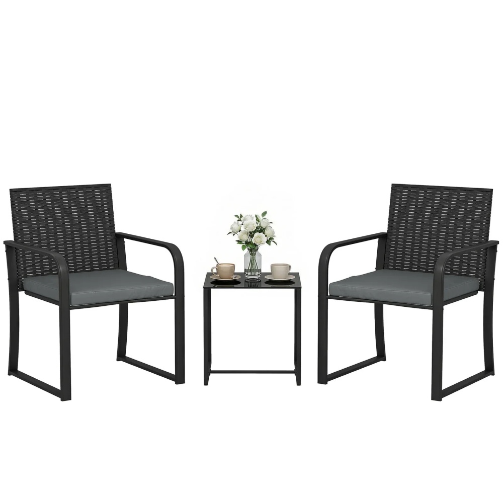 Outsunny Wicker Patio Furniture Bistro Set with Cushion Mesh Seat, Grey
