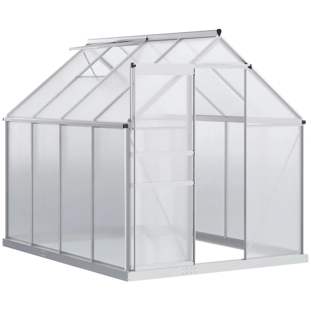 Outsunny 8' x 6' Aluminum Outdoor Greenhouse, Polycarbonate Walk-in Garden Greenhouse Kit with Adjustable Roof Vent, Rain Gutter and Sliding Door for Winter, Silver