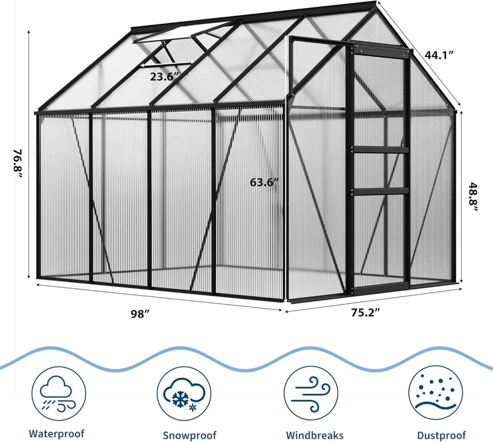OUYAWEI 6x8FT Outdoor Greenhouse Polycarbonate Aluminum Frame Sliding Door Adjustable Roof Vent Black