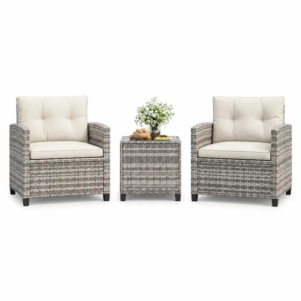 3 Piece Patio Furniture Set, PE Rattan Outdoor Furniture Set with Tempered Glass Table and Cushions, Patio Conversation Set for Balcony and Poolside, Grey and Beige