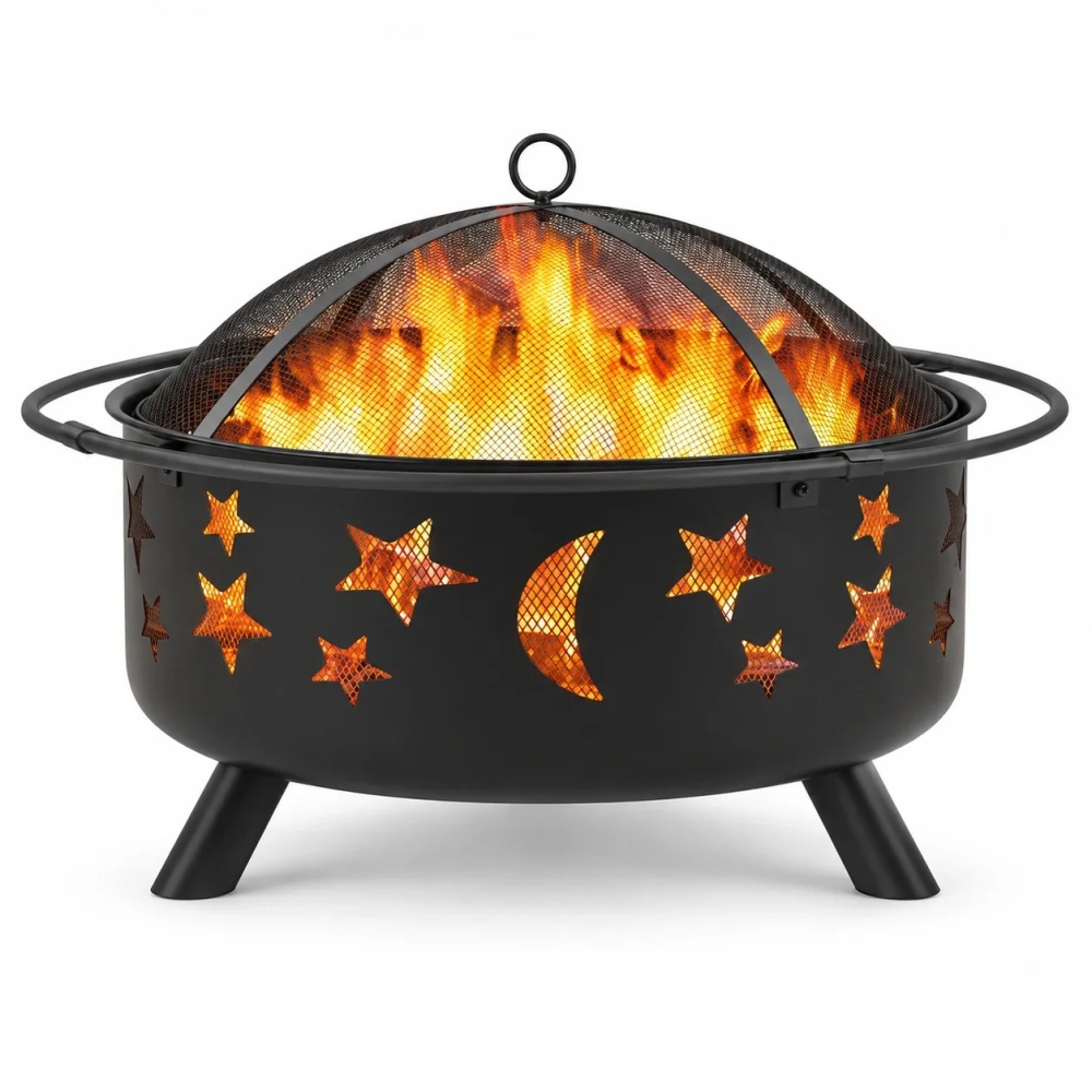 Yaheetech Round Fire Pit with Stars Moons Pattern, Black