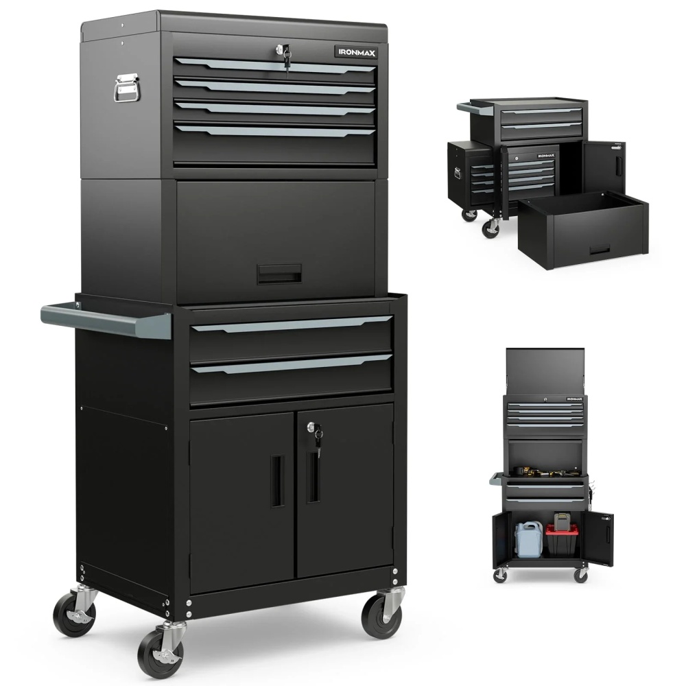 Ironmax 6-Drawer Rolling Tool Chest 3-in-1 Heavy-Duty Storage Cabinet with Universal Wheels Black