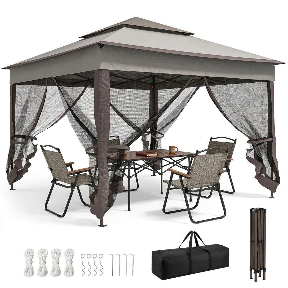 11'x11' Pop Up Gazebo 2-Tier Soft Top Gazebo w/ Mesh Netting, Mixed Grey