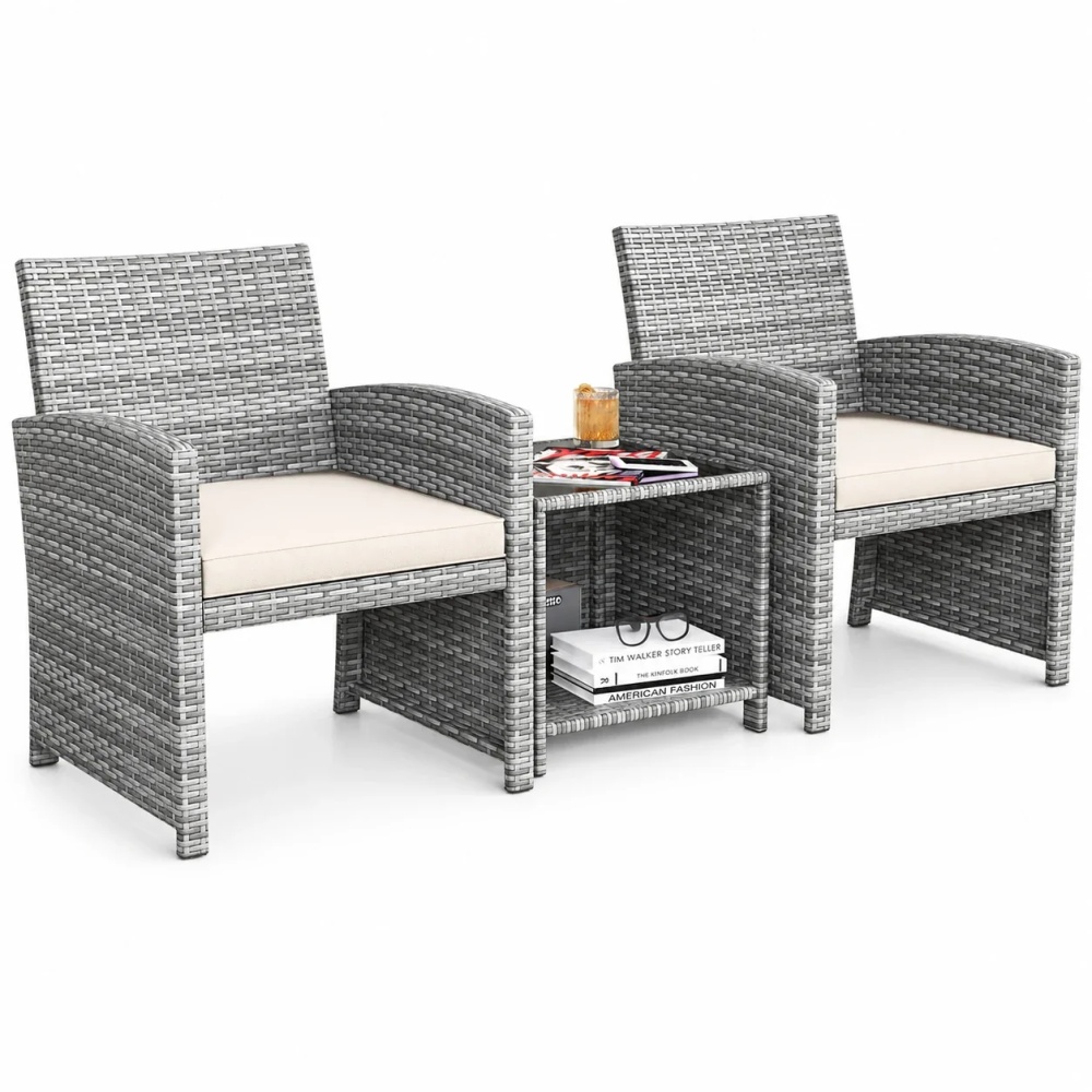 Costway 3 PCS Patio Furniture Set with Tempered Glass Coffee Table & Soft Seat Cushions White