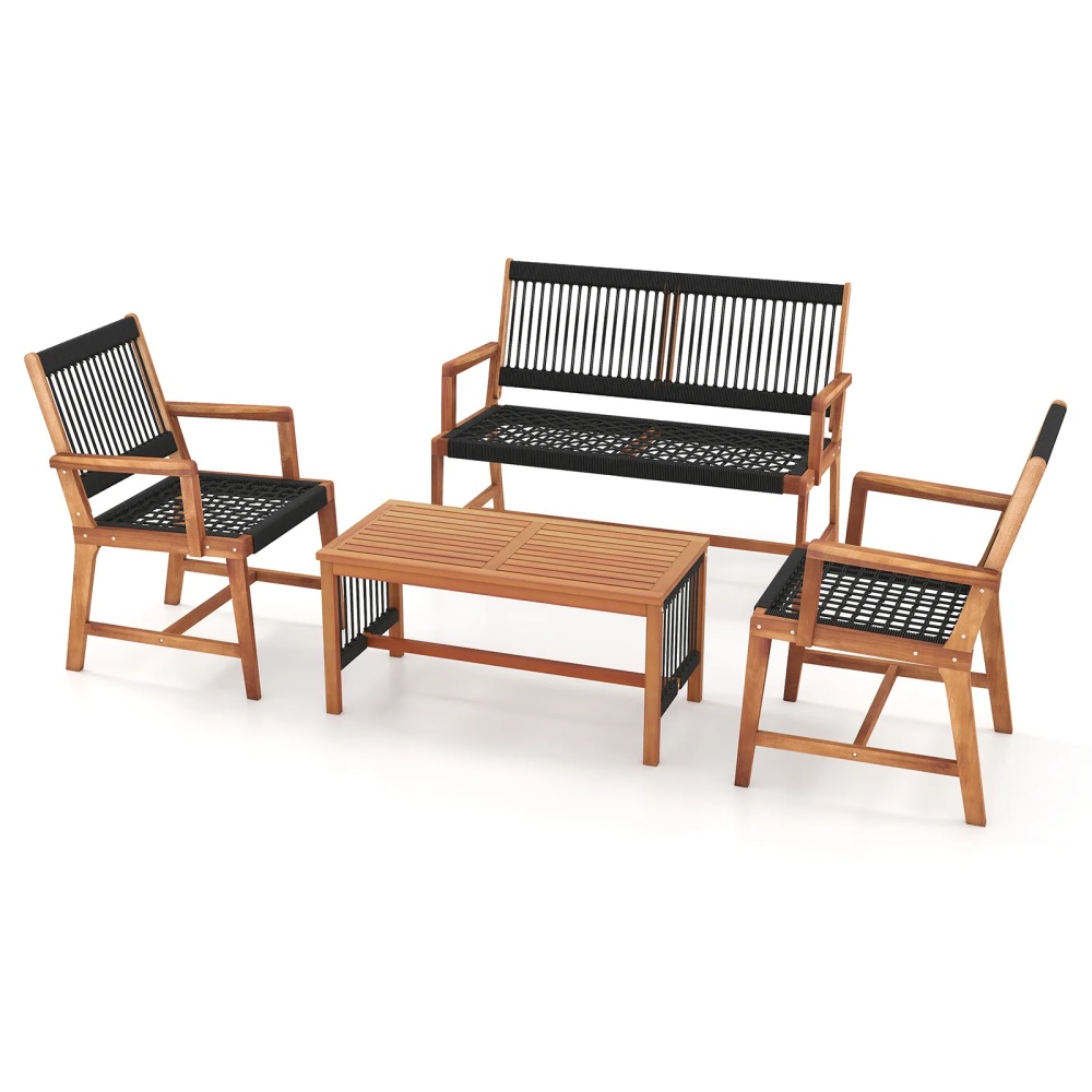 Costway Patio 4pcs Acacia Wood Conversation Table & Chair Set Hand-Woven Rope Outdoor