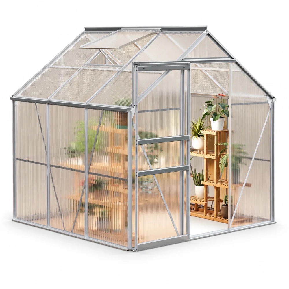 Heavy Duty Polycarbonate Greenhouse 6x6 FT – Sturdy Aluminum Frame, Lockable Sliding Door, Adjustable Roof Vent, Rain Gutter – Walk-In Outdoor Garden Greenhouse for All Weather, Patio, Backyard, Black