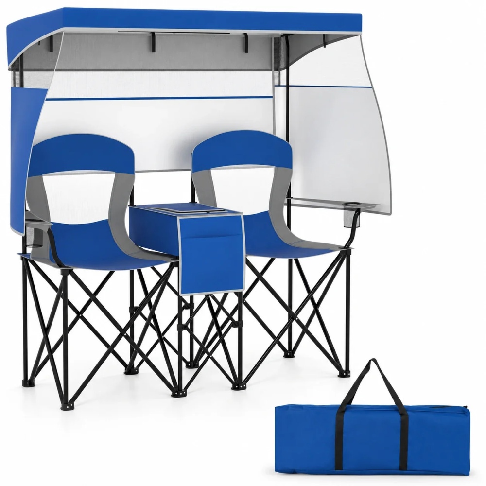Costway Double Beach Chair with Adjustable Canopy Oversized Folding Camping Chair Navy