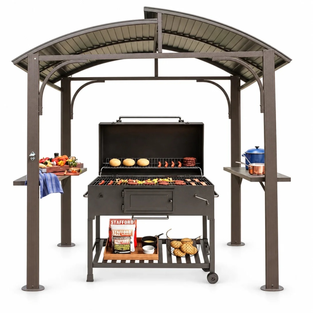 Domi Outdoor Living8x5FT Hardtop Grill Gazebo, BBQ Canopy with Double Galvanized Steel Roof & 2 Side Shelves for Patio,Garden,Backyard, Brown