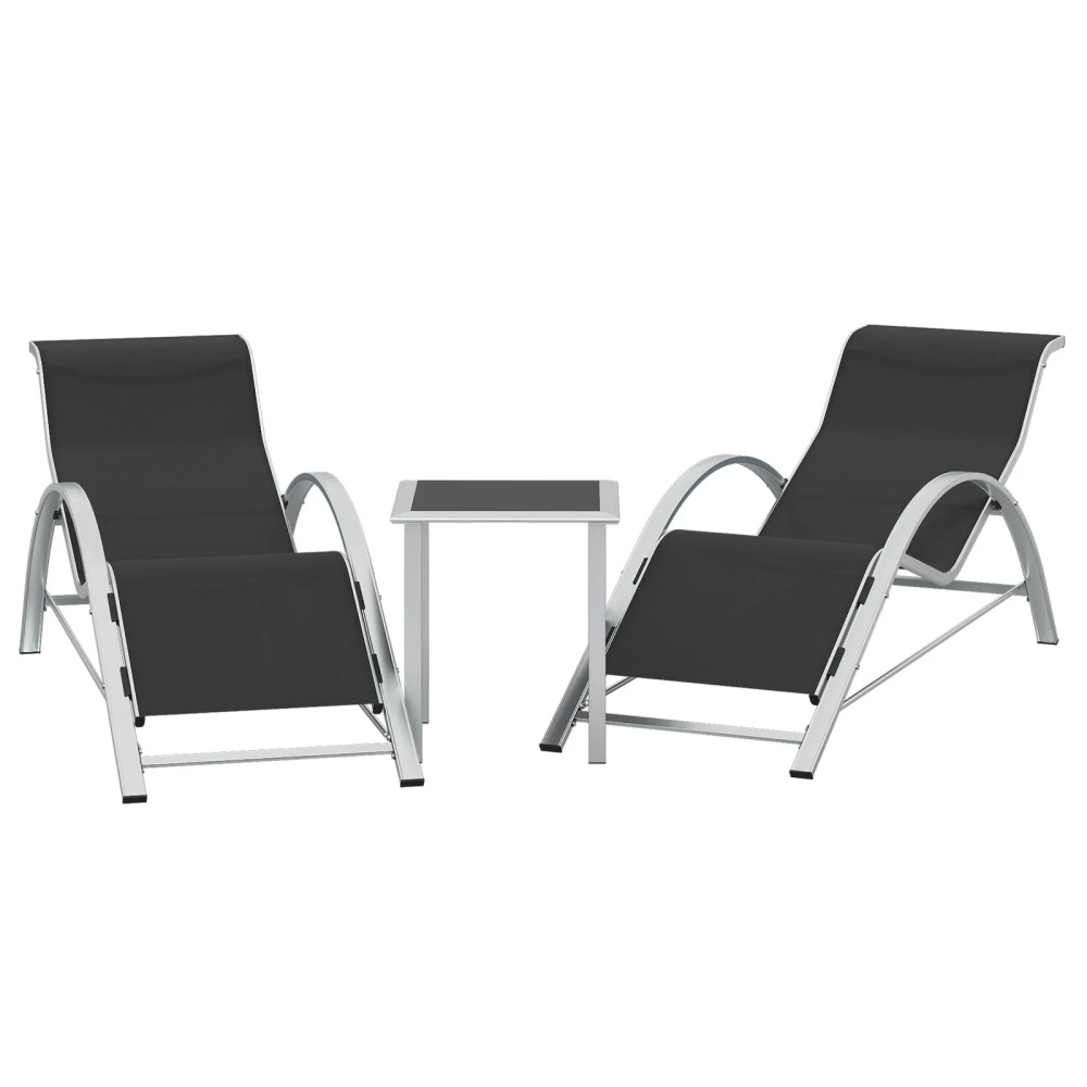 3-Piece Outdoor Chaise Lounge Chair Set – Reclining Patio Loungers with Aluminum Table & Armrests – Weather-Resistant, Modern Tanning Chairs for Poolside, Garden, Beach, Modern Black