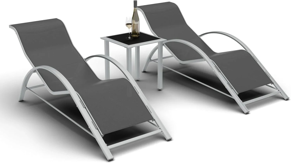 3-Piece Outdoor Chaise Lounge Chair Set – Adjustable Aluminum Recliners with Table – Heavy-Duty, Weather-Resistant for Poolside, Patio, Garden, Beach, Grey
