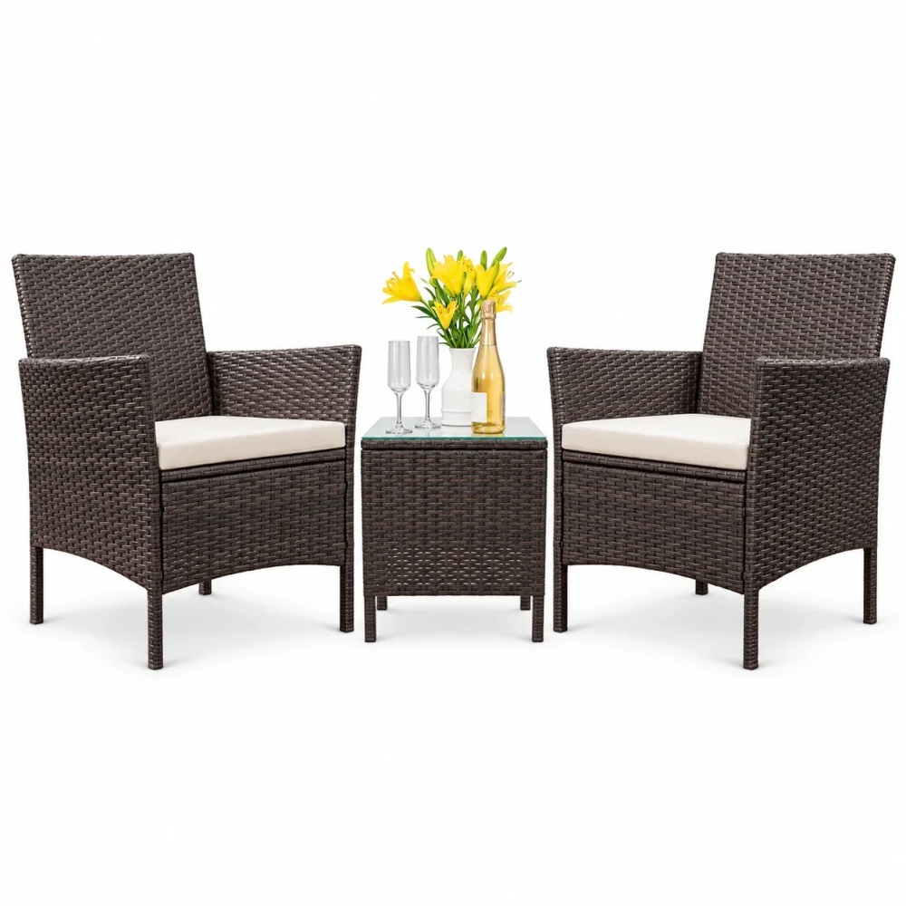 Homall 3 Pieces Outdoor Patio Furniture PE Rattan Wicker Table and Chairs Set Bar Set with Cushioned Tempered Glass, Brown/Beige, 2