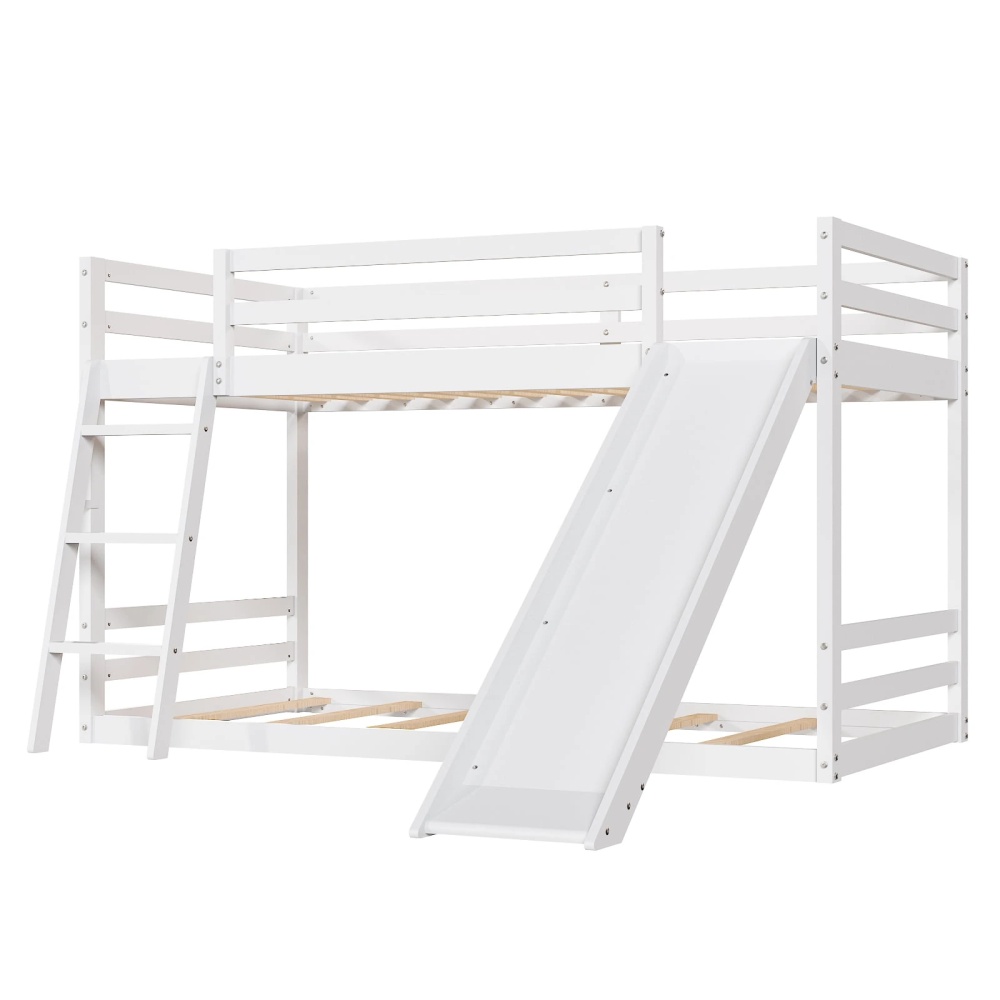 Ktaxon Bunk Bed Twin Over Twin,Kids Low Floor Bed Frame with Slide for Children Boys Girls Dormitory Bedroom,No Box Spring Needed,White