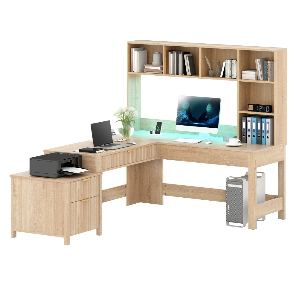 DEXTRUS 67“ L-Shaped Computer Desk with Hutch & LED Light & Charging Station, Home Office Desk Executive Desk with Drawers & File Cabinet, Brown