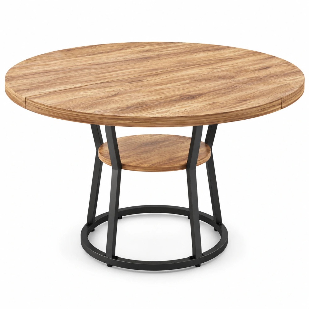 Space-Saving Round Dining Table for 4-6 – Farmhouse Kitchen Table with Storage Shelf – Sturdy Wood Top & Metal Cross Base – Suits Dining Room, Kitchen, Apartment, Chairs Excluded