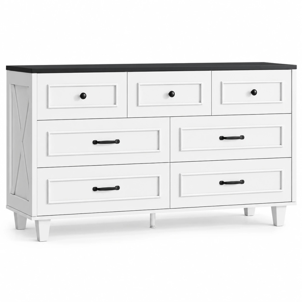 MARNUR Farmhouse 52" 7-Drawer Dresser for Bedroom, Anti-Tip Kit, Smooth Quiet Slides, Heavy-Duty for Living Room, White & Black
