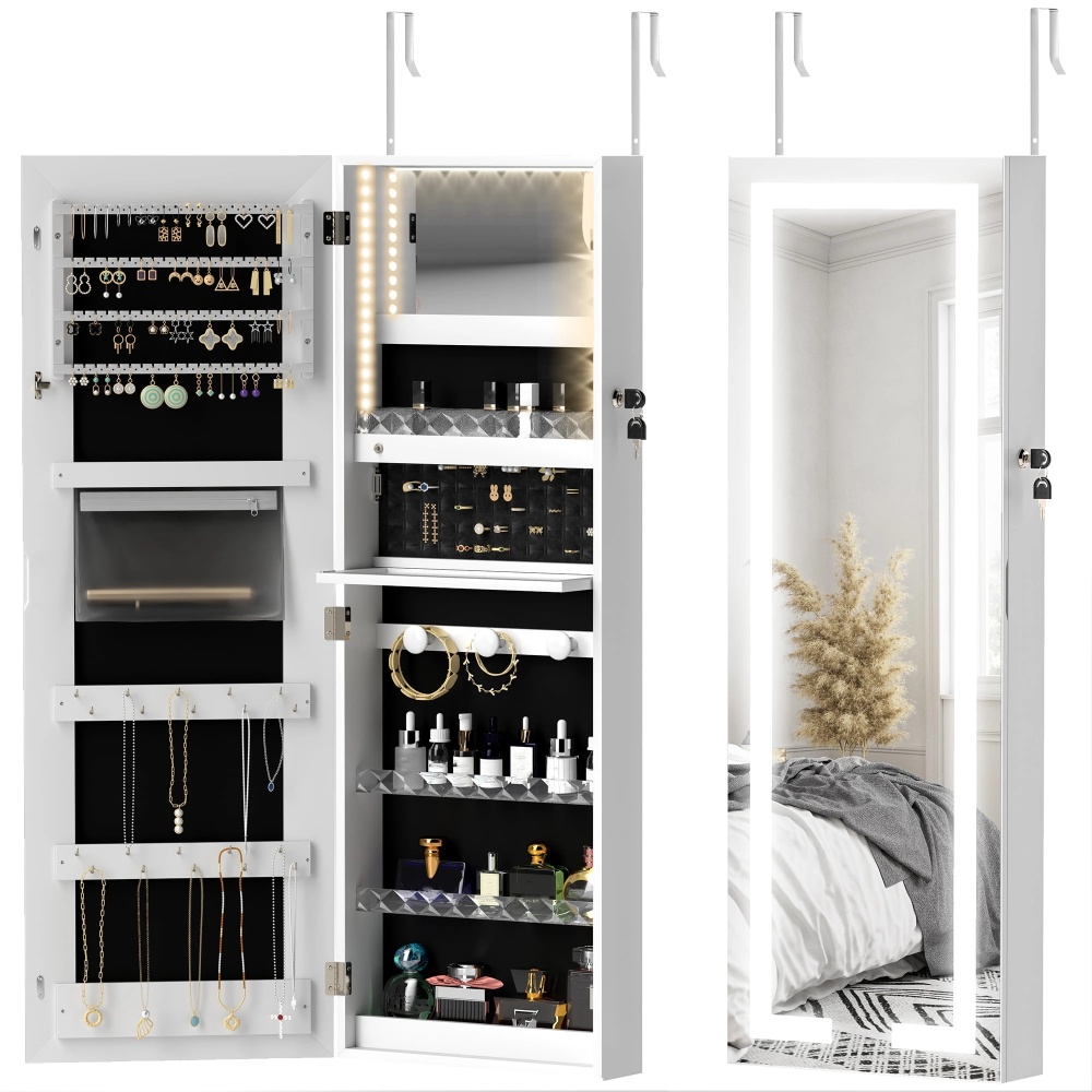LED Jewelry Cabinet w/ Full Length Mirror Jewelry Storage Organizer, White