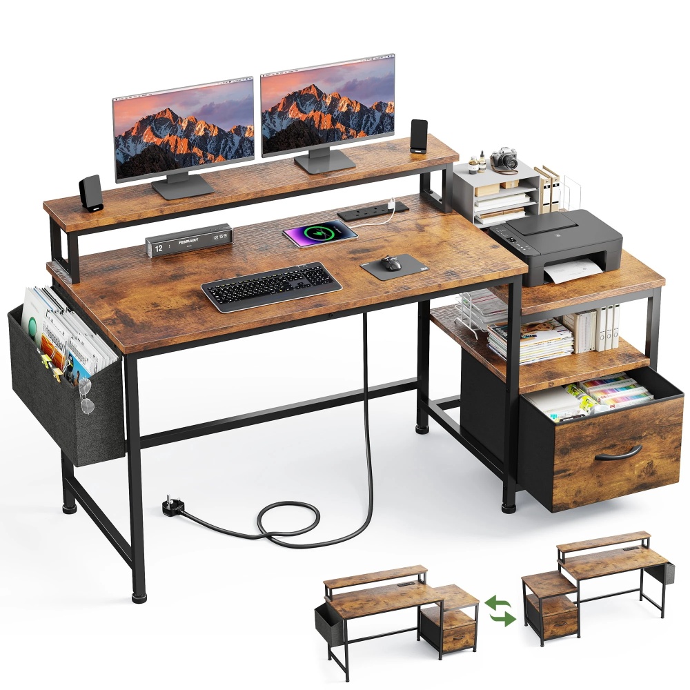 Exenoray 56.5" Computer Desk with Fabric File Drawers Cabinet, Reversible Home Office Desks with Power Outlets for Home Office, Rustic