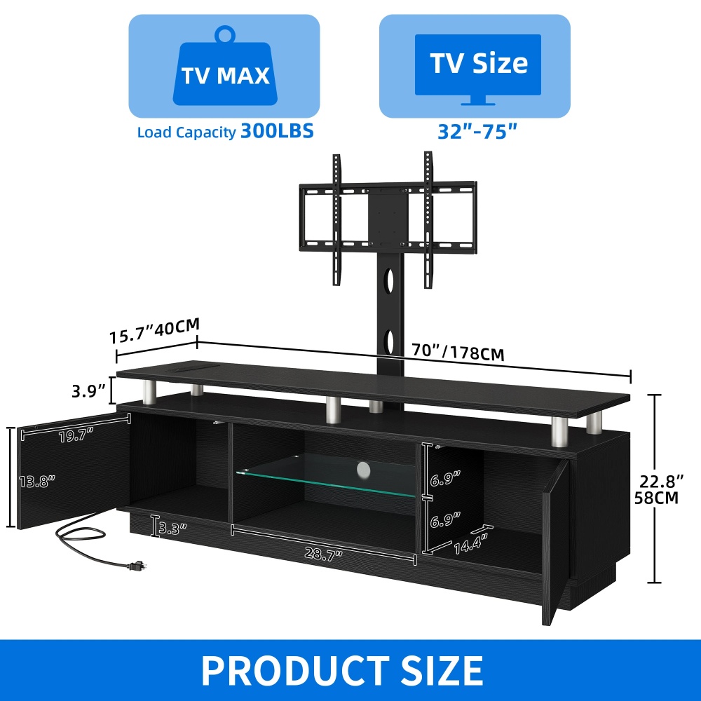 DEXTRUS 70" TV Stand with Adjustable Glass Shelf and Mount for TVs Up to 75", LED Entertainment Center with Power Outlet, Storage, Black
