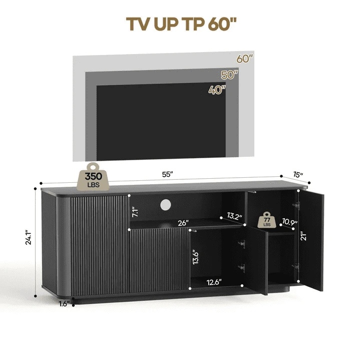 MARNUR Fluted TV Stand for TVs up to 65", 55" Modern Media Console with 3-Sided Fluted Design, Push-to-Open Doors for Living Room