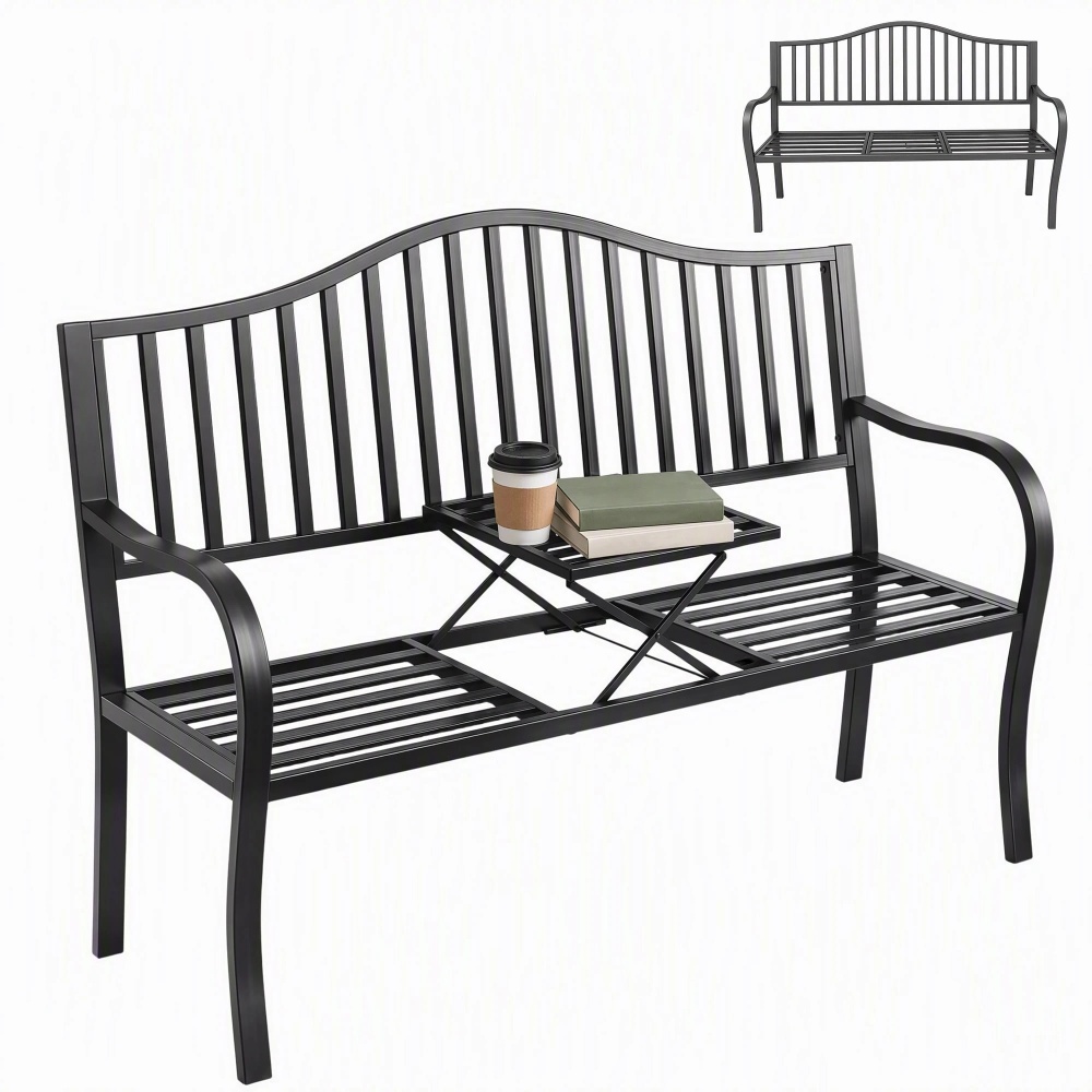Outsunny Outdoor Bench with Retractable Middle Table for Patio Loveseat - Set of 1 Black