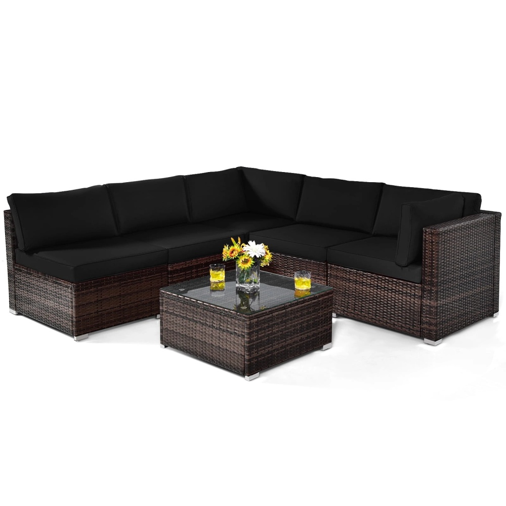 Patiojoy 6PCS Wicker Patio Sectional Conversation Furniture Set with Coffee Table & Seat Cushions