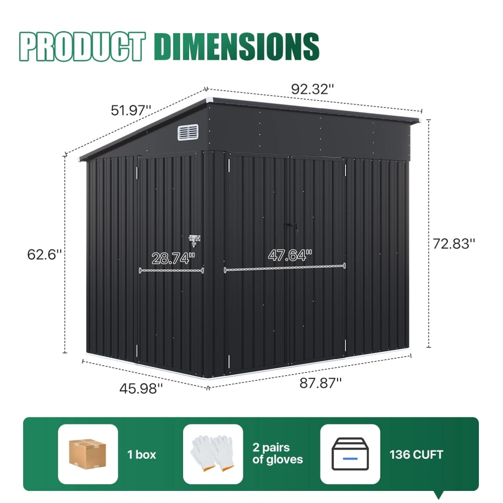 Clouddwell 8ft x 4ft Heavy-Duty Metal Storage Shed with 3 Doors, Lockable Lean-To Design, Weatherproof for Garden & Tools (Black)