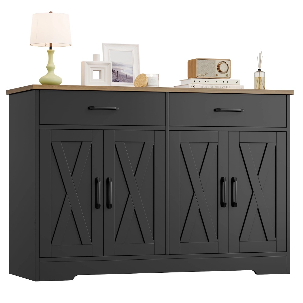 Hiphuta 47"Farmhouse Sideboard Storage Cabinets with 4 Doors & 2 Drawers, Coffee Bar with Brown Top for Living Room