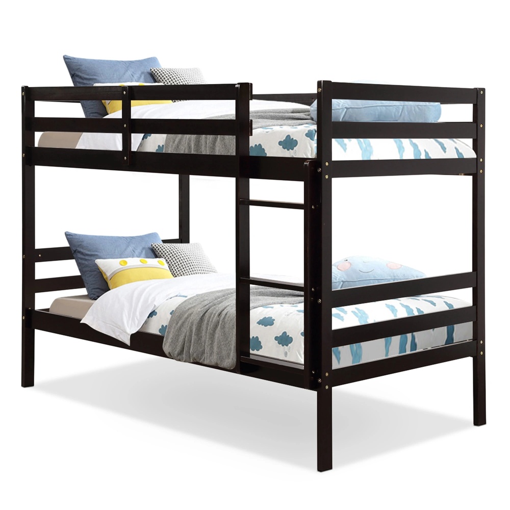 Costway Twin Over Twin Wood Bunk Beds Ladder Safety Rail Espresso