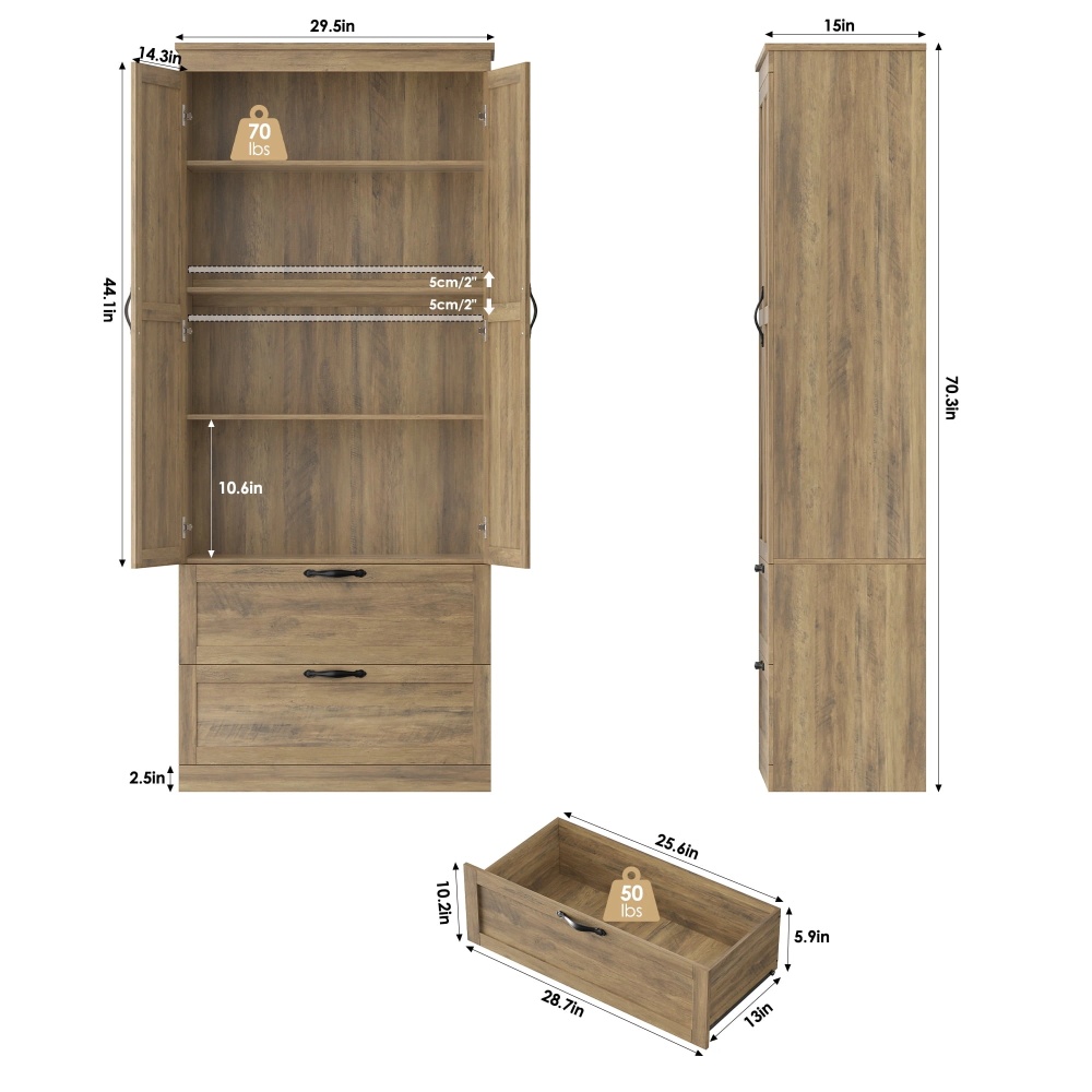 Homfa 70'' Tall Kitchen Pantry with Shelf & Drawer, Farmhouse 2 Door Pantry Storage Cabinet for Dining Room Living Room