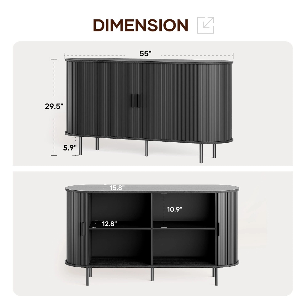 MARNUR Sideboard Buffet Cabinet 55" Storage Cabinet with 2 Sliding Tambour Doors, Adjustable Shelves for Kitchen Office Bedroom Hallway Entryway