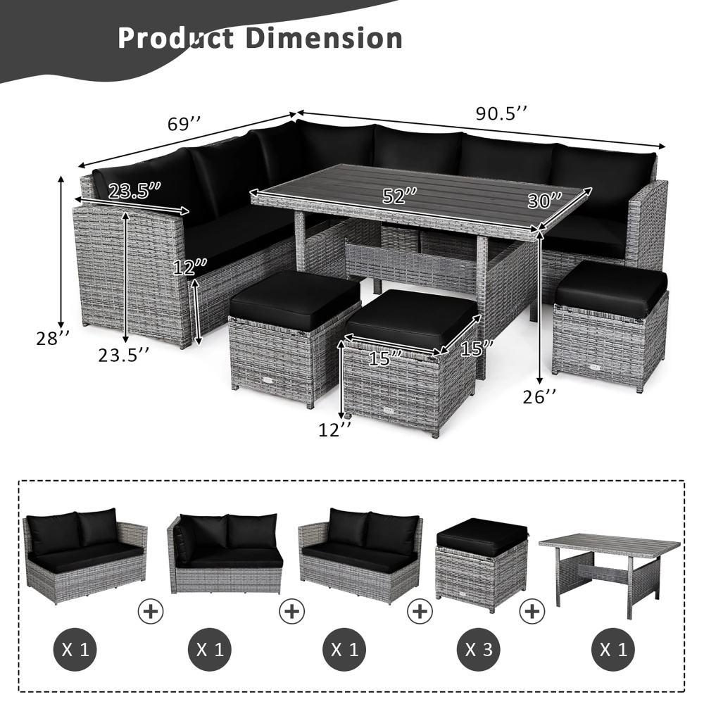 Costway 7 PCS Patio Rattan Dining Set Sectional Sofa Couch Ottoman Garden Black