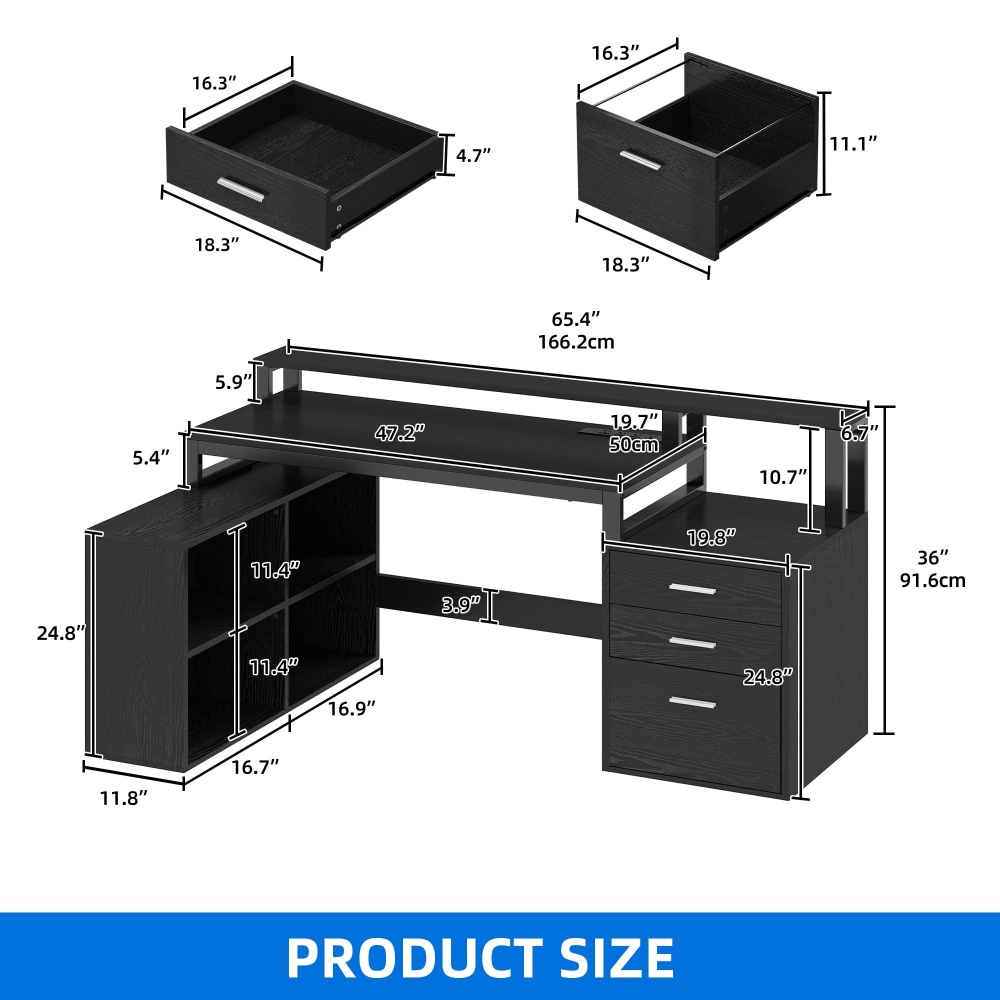 DEXTRUS 65" L Shaped Desk with Power Outlets, Monitor Stand, LED Light, File Cabinet, 3 Drawers, 4 Shelves
