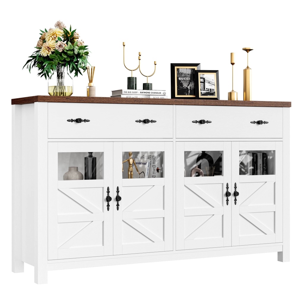 Homfa Farmhouse 55.1"W Kitchen Buffet Cabinet with Storage Drawer & Adjustable Shelf, Glass Door Wood Sideboard Credenza Coffee Bar with for Dining Room Living Room