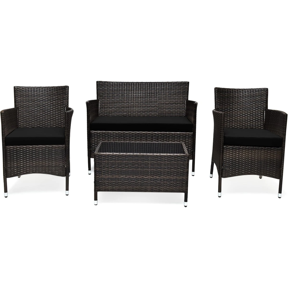 Patiojoy 4PCS Patio Rattan Wicker Furniture Set Sofa Chair Table Set W/ Cushions