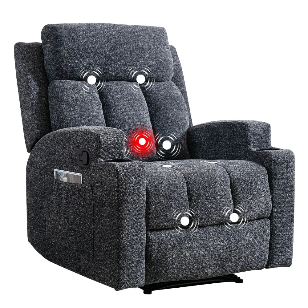 Bonzy Home Recliner Chair with Massage and Heat, Manual Fabric Reclining Chair with Cup Holders & Side Pockets for Living Room, Bedroom