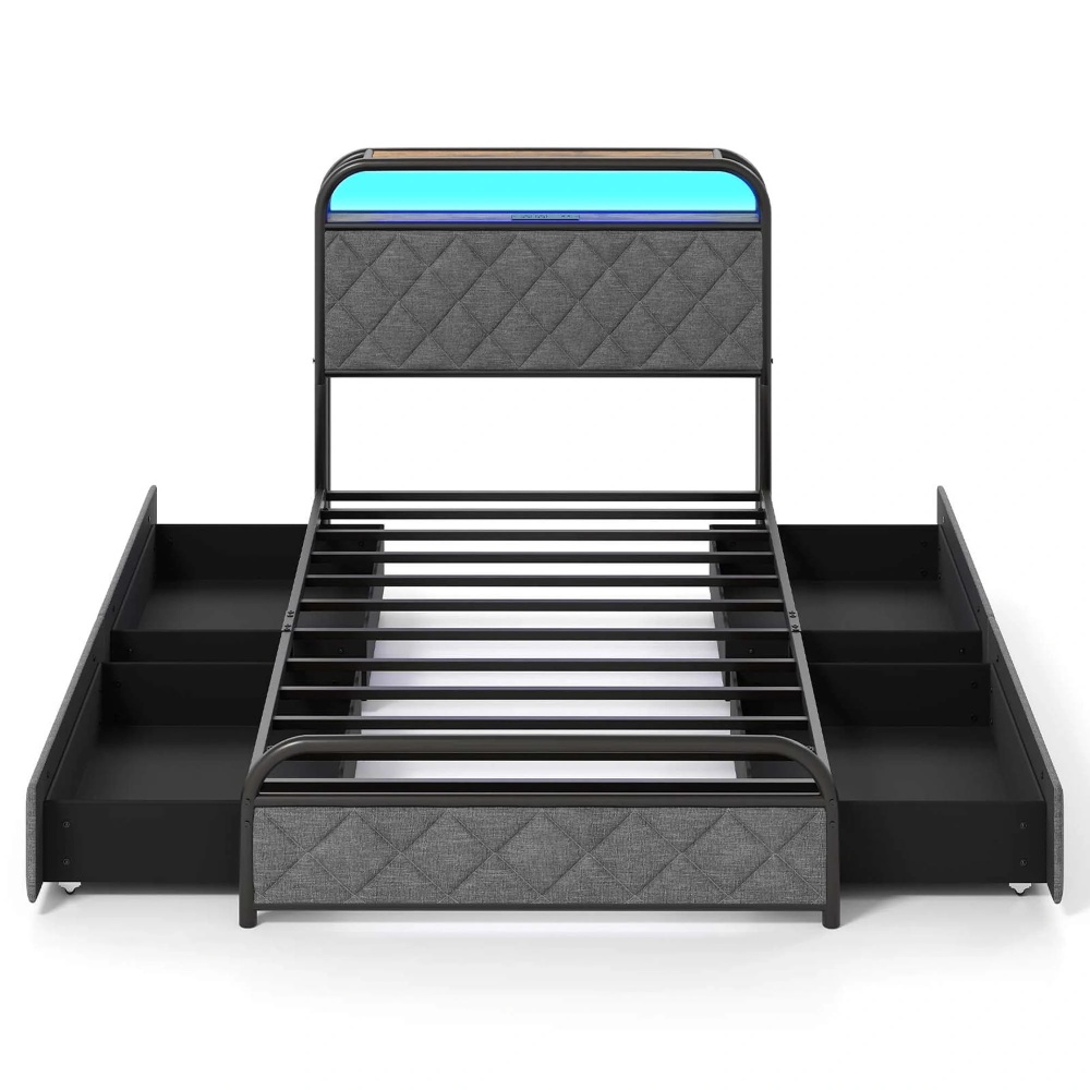 Costway Size Bed Frame with LED Lights & Charging Station Storage Headboard Black
