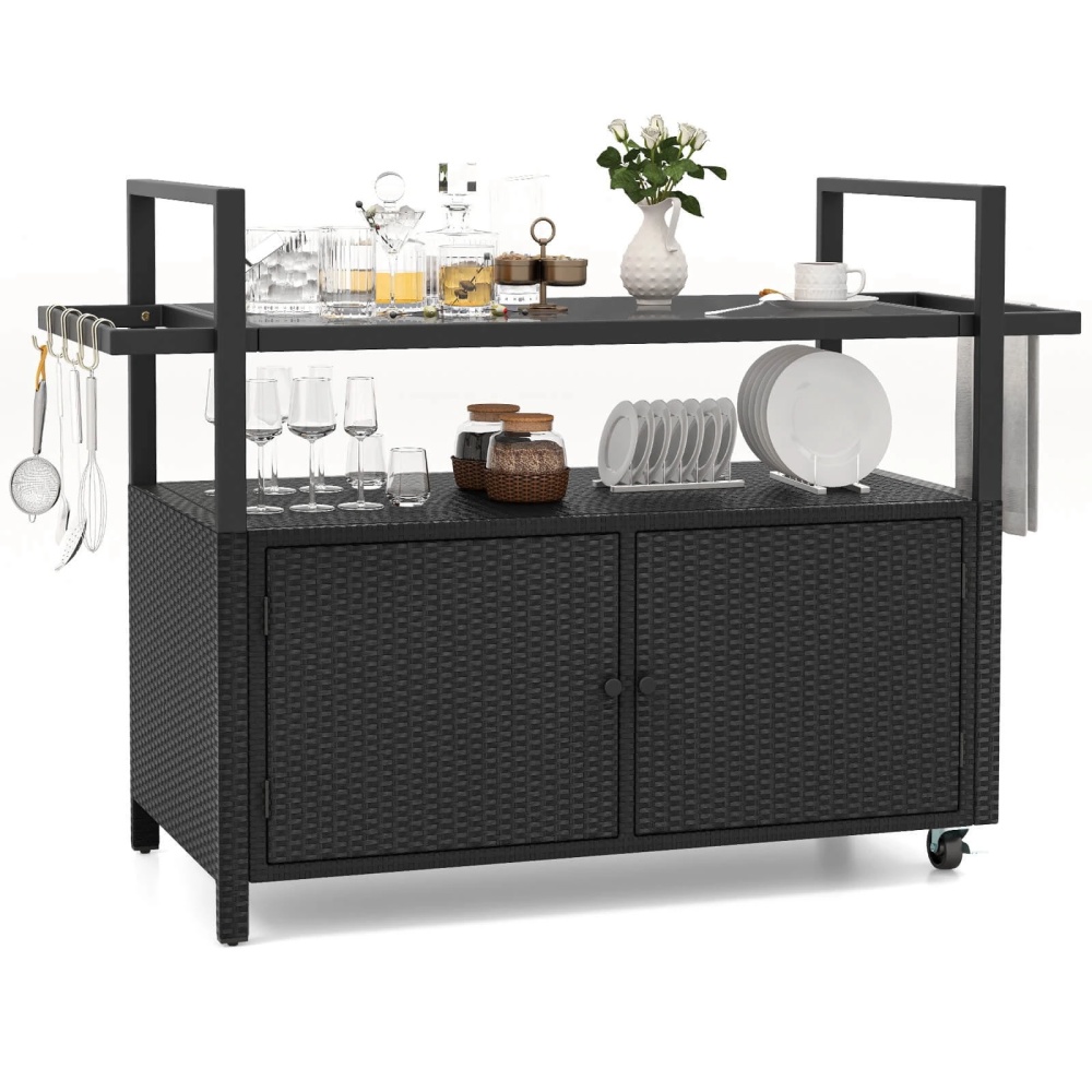 Costway Outdoor Bar Cart with Tempered Glass Top Storage Cabinet & 8 Hooks for Porch