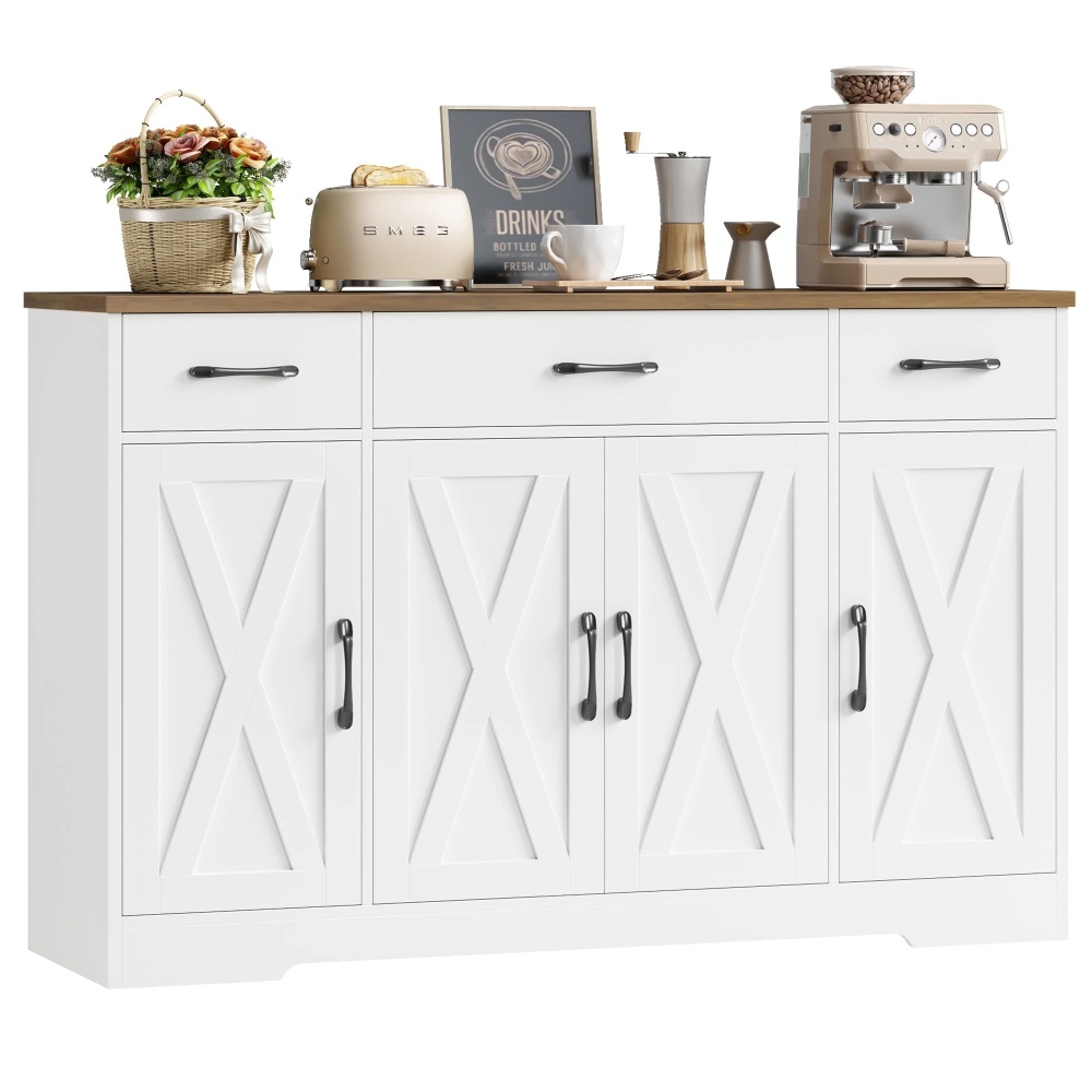 Homfa Buffet Cabinet with 3 Drawers and 4 Doors, 55.1” W Kitchen Sideboard Storage Cabinet with Adjustable Shelves, Farmhouse Coffee Bar Cabinet for Dining Room
