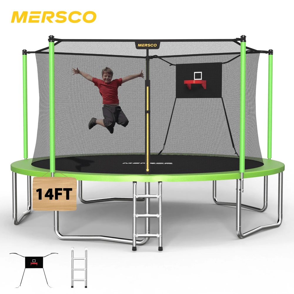 Mersco 14FT Trampoline PLAY Heavy Duty Outdoor Trampoline for Kids, Backyard Trampoline with Safety Enclosure Net, Basketball Hoop and Ladder for Family Fun,Safe Internal Net Design