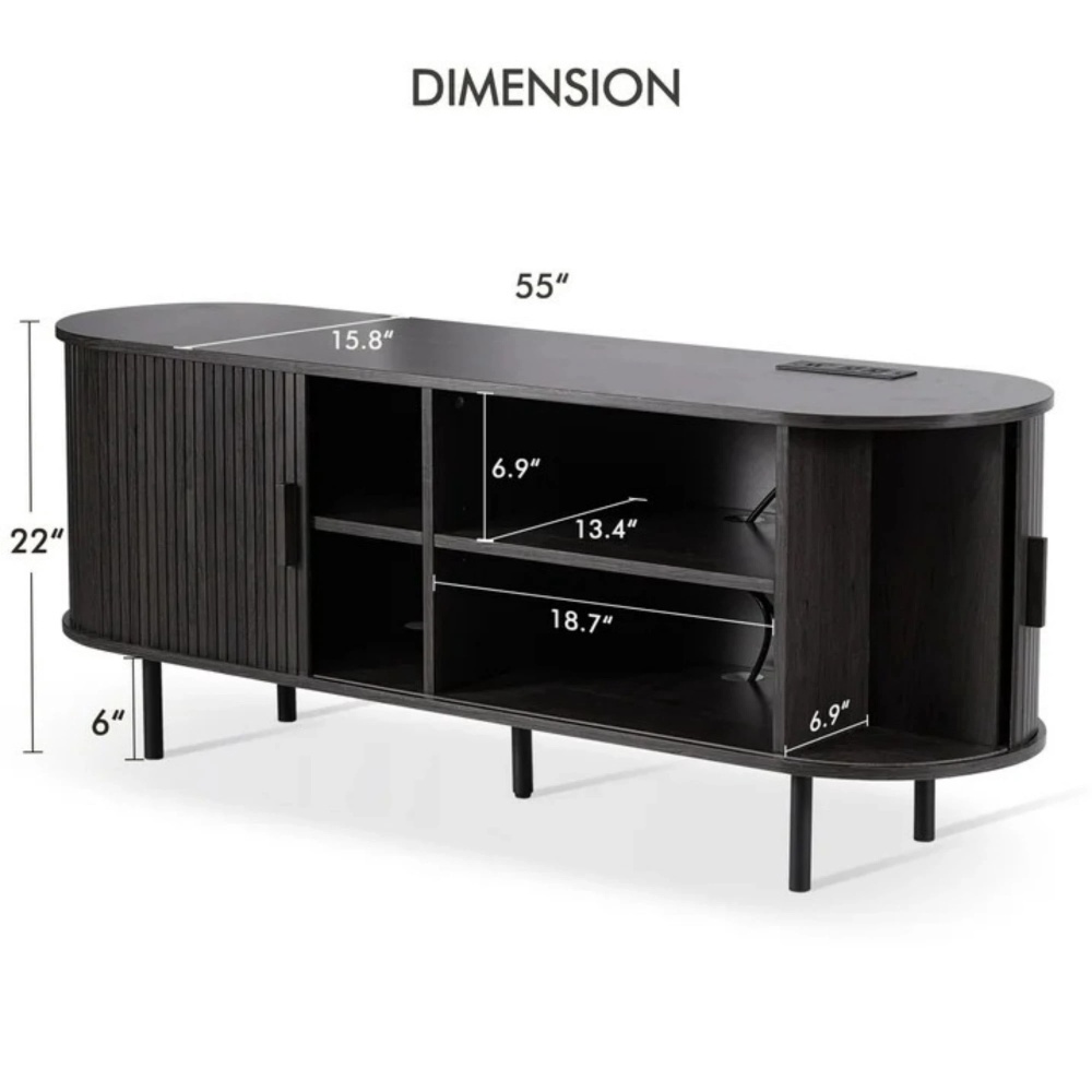 MARNUR 55" TV Stand for 60" TV, Wood Entertainment Center with Storage and Shelves, 2 Sliding Tambour Doors, Mid-Century Modern