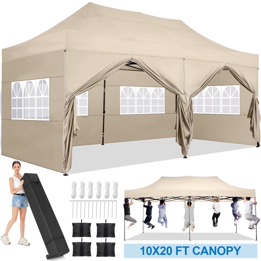 10'x20' Pop Up Canopy Waterproof Folding Tent Outdoor Easy Set-up Instant Tent Heavy Duty Commercial Wedding Party Shelter with 6 Removable Sidewalls, 4 Sandbags, Roller Bag, Khaki