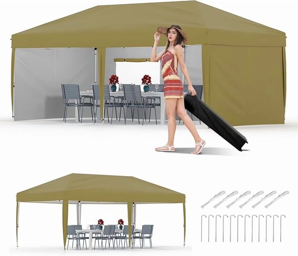10x20 Pop Up Canopy Tent with 4 Sidewalls, Heavy Duty Outdoor Canopy UPF 50+ All Season Waterproof Commercial Street Vendors Party Tents with Roller Bag, 8 Stakes & 6 Sandbags,Khaki