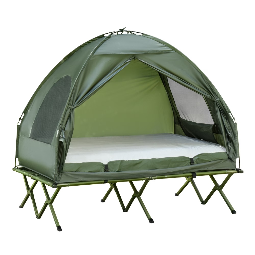 2 Person Foldable Camping Cot with Tent, Bedspread and Thick Air Mattress, 4-In-1 Elevated Camping Bed Tent for Outdoor Hiking, Picnic, Travel