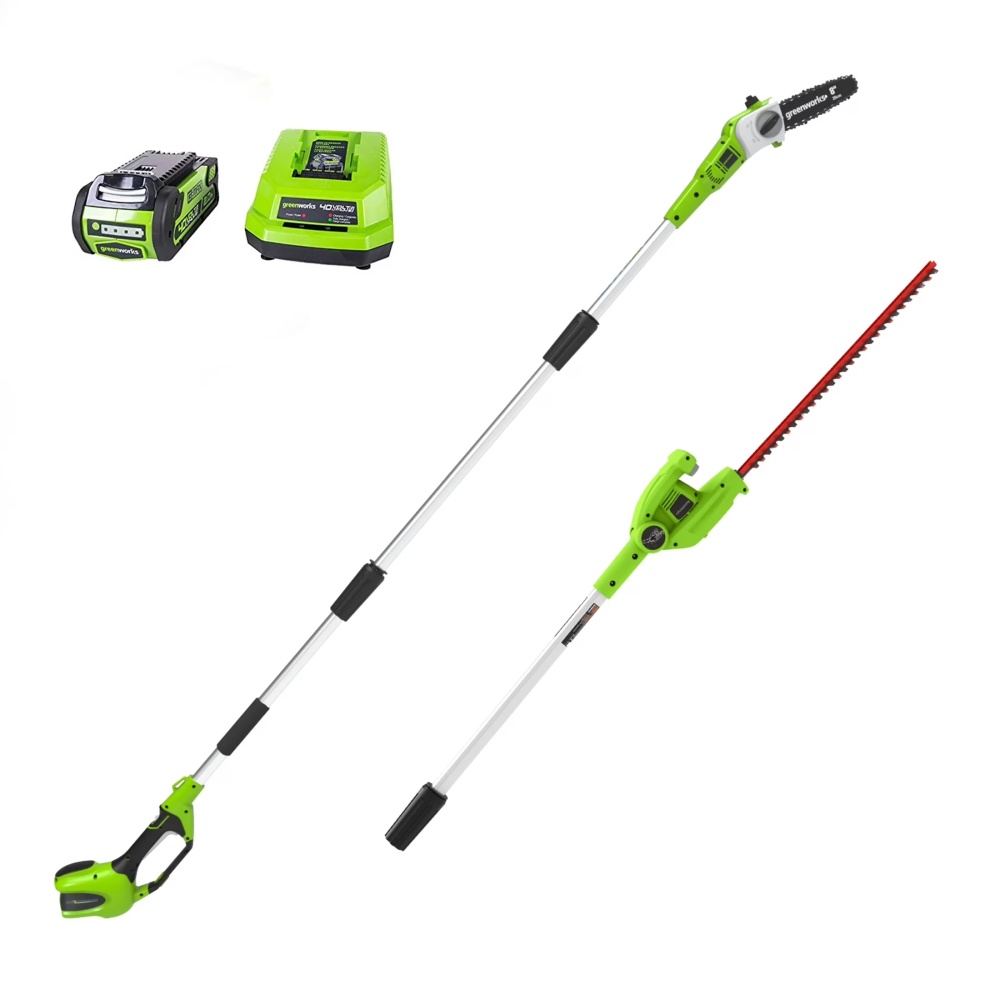 Greenworks 40V 20" Battery Powered Pole Saw with Hedge Trimmer Attachment + 2.0 Ah Battery and Charger