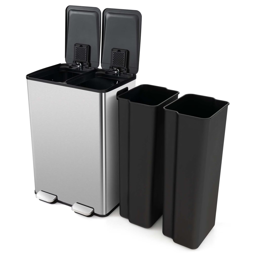 Costway 16 Gallon Dual Step Trash Can Recycle Bin Stainless Steel Bucket Pedal Silver
