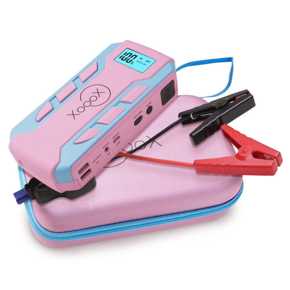 XoooX Pink Portable Car Battery Jump Starter Kit with Jumper Cables, LED Light and Case; 12V Jump Start Battery Pack; Portable Battery Charger for USB/USB-C Devices